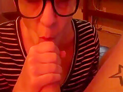 23yr Old Cute Geek Swallowing Cum At Home