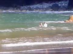 Amateur Couple Playing At Beach Madeira Island Seixal