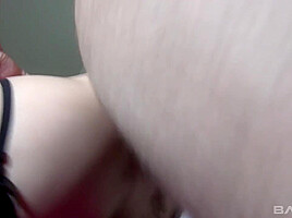 Anita Vixen holds her big boobs up to collect cum after anal sex
