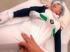 Asian babe in cosplay gets cunt finger teased thru pants