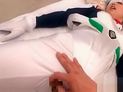 Asian babe in cosplay gets cunt finger teased thru pants