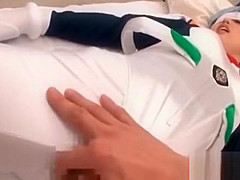 Asian babe in cosplay gets cunt finger teased thru pants