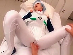 Asian babe in cosplay gets cunt finger teased thru pants