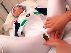 Asian babe in cosplay gets cunt finger teased thru pants