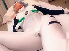 Asian babe in cosplay gets cunt finger teased thru pants