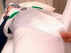 Asian babe in cosplay gets cunt finger teased thru pants