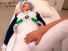 Asian babe in cosplay gets cunt finger teased thru pants