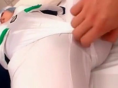 Asian babe in cosplay gets cunt finger teased thru pants