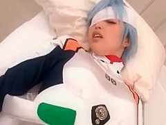 Asian babe in cosplay gets cunt finger teased thru pants
