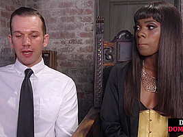 BDSM Ebony domina in latex stockings whipping sub asshole