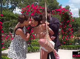 BDSM public babe humiliated outdoor by master and domina