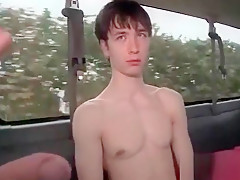 Blindfolded guy gets dick gay sucked in the bus