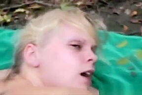Blonde amateur masturbates then fucked outdoors