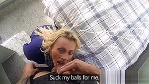 Blonde gets fake cops cock up her ass in her bus