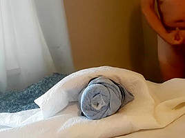 Boy cums nicely in towel