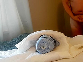Boy cums nicely in towel
