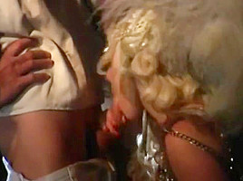 British blonde slut showgirl in burlesque Costume feather hat and gloves!