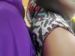 Brunette chick in short dress upskirt