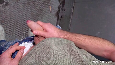 Busted! Caught jerking off in the elevator! Interracial at Wankrs