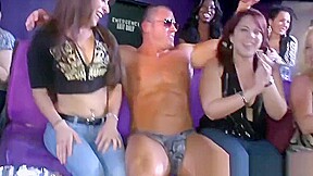 Busty blonde swallows stripper dick in kinky orgy