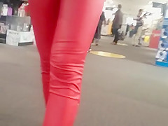 Candid tight ass teen 18+ in red leather pants!