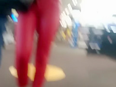 Candid tight ass teen 18+ in red leather pants!