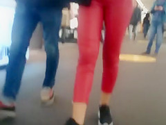 Candid tight ass teen 18+ in red leather pants!