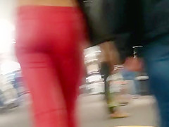 Candid tight ass teen 18+ in red leather pants!