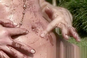 Chocolate covered shegirl jerks and squirts jizz in public