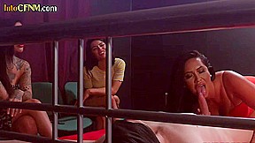 Cocksucking CFNM babes take turns on bound sub