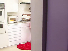 Cute Asian babe loves to suck cock in the kitchen