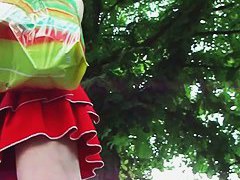 Cute brunette in red dress upskirt