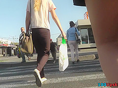 Dirty upskirt porn with a skinny blonde bombshell