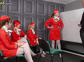 Femdom stewardesses suck cock in CFNM group on college