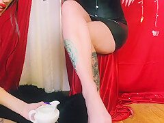 Foot Fetish  Washing Dominatrixs Legs And Feet Wiping Her Feet With Fur