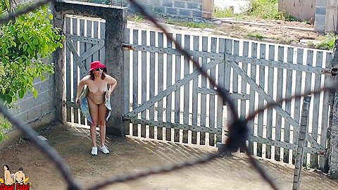 Goes Outdoor Wearing Shoes A Towel And A Hat  She Walks Naked Outside