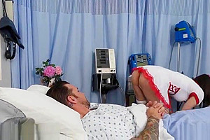 Gorgeous shemale nurse takes care of everything