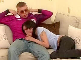 He Sits With Her On The Couch Then She Gives Him A Blow Job