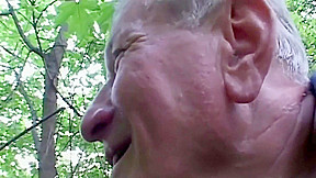 Horny grandpa gets pleased by huge tits blonde slut near a forest