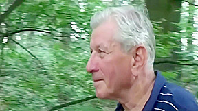 Horny grandpa gets pleased by huge tits blonde slut near a forest
