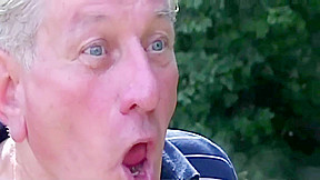 Horny grandpa gets pleased by huge tits blonde slut near a forest