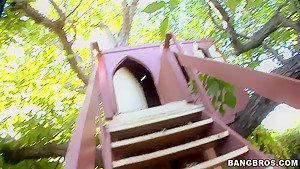 Hot blonde gives a head in house on a tree