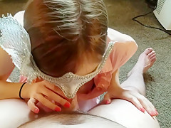 Housewife gives handjob, footjob, blowjob and sucks up cum