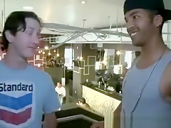 Interracial blowjob in a restaurant