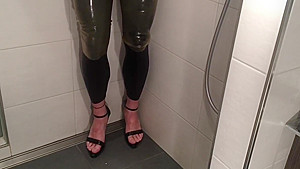 Latex pants and spandex leggings pissing