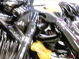 Latex sex with surprised beauty