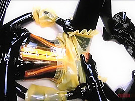 Latex sex with surprised beauty