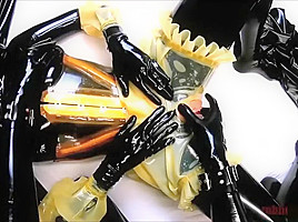 Latex sex with surprised beauty