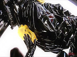 Latex sex with surprised beauty