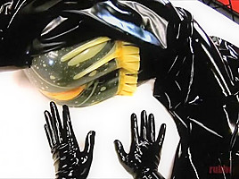Latex sex with surprised beauty